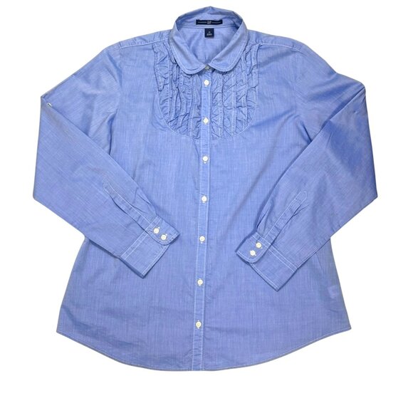 GAP Chambray Blue Cotton Ruffle Roll Tab Button Up Shirt - Picture 7 of 7